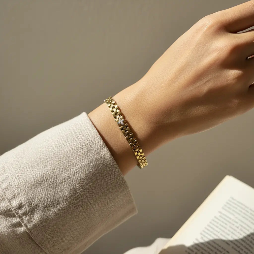 Golden Structure Bracelet by Gem N Glow features minimalist gold Miyuki Tila beads in a stylish bracelet design.
